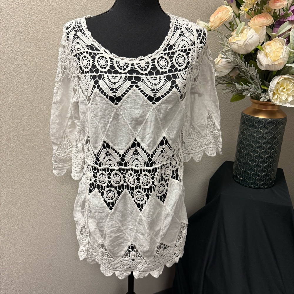 White Boho Crochet Lace Tunic Top | Sheer Festival Beach Cover Up M